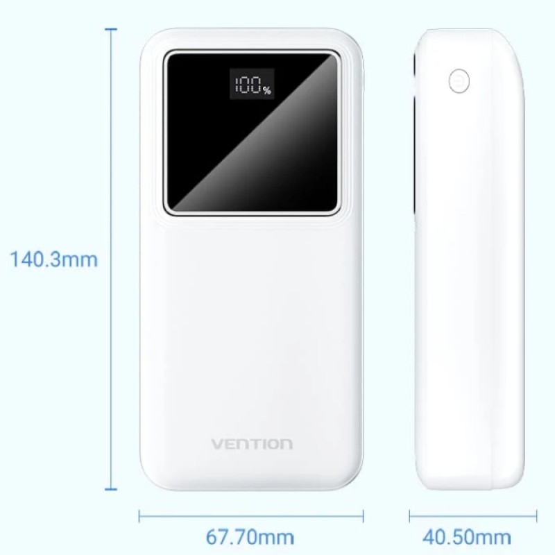 УМБ Vention 30000mAh 22.5W, PD,QC3.0, Micro-USB,USB-C,2xUSB-A,LED Display White