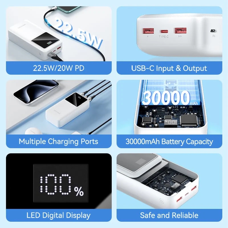 УМБ Vention 30000mAh 22.5W PD,QC3.0, Micro-USB,USB-C,2xUSB-A,LED Display, Black