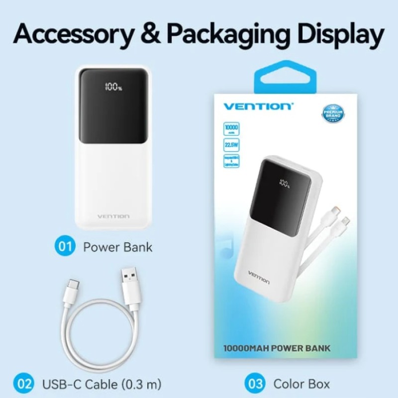УМБ Vention 10000mAh 22.5W PD,Micro-USB,USB-C,2xUSB-A,Built-in USB-C+Lightning Cables White