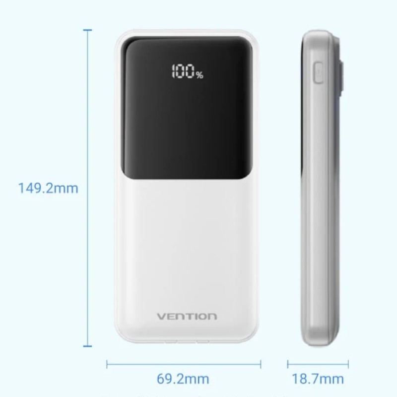 УМБ Vention 10000mAh 22.5W PD,Micro-USB,USB-C,2xUSB-A,Built-in USB-C+Lightning Cables White