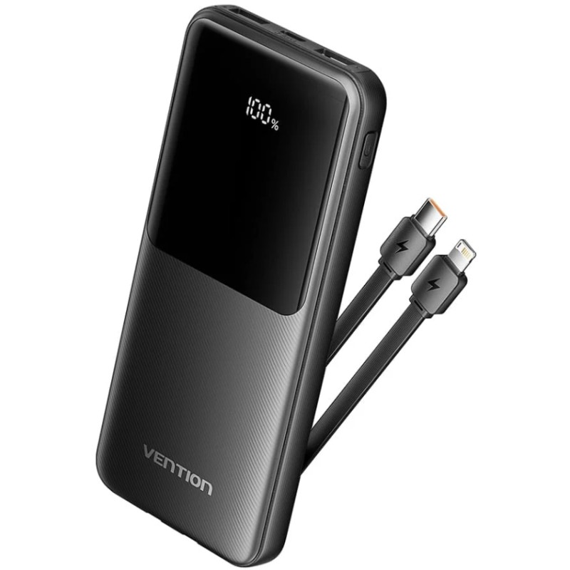 УМБ Vention 10000mAh 22.5W PD, Micro-USB,USB-C,2xUSB-A,Built-in USB-C+Lightning Cables Black