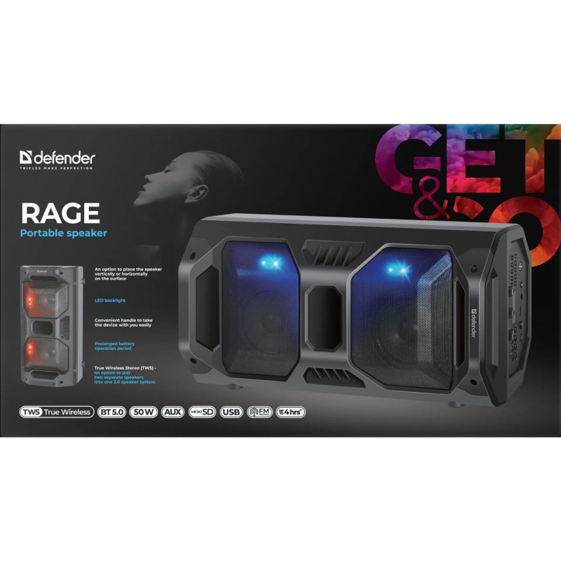 Акустична система 1.0 Defender Rage 50Вт BT/FM/USB/LED/Light/TWS
