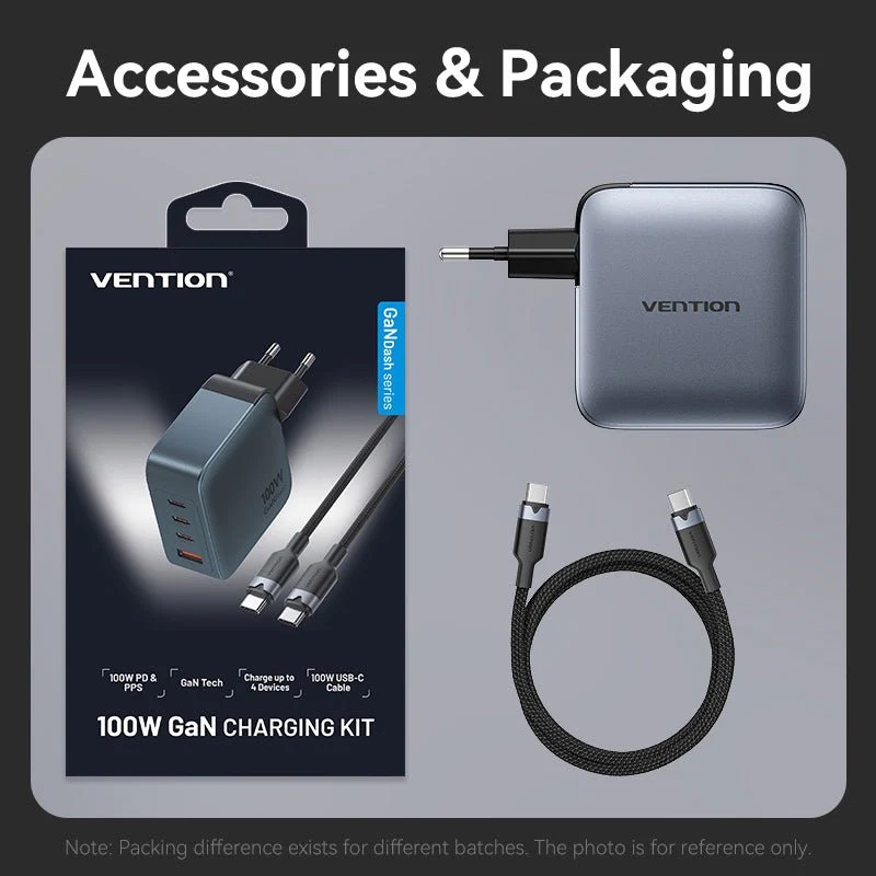 Зарядний пристрій 4xUSB 100W GaN (3хUSB-C+USB-A) + USB-C cable М-М Black Vention Зарядний пристрій 4xUSB 100W GaN (3хUSB-C+USB-A) + USB-C cable М-М Black Vention