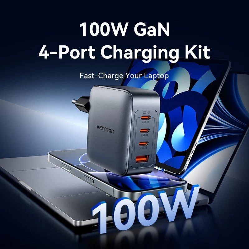 Зарядний пристрій 4xUSB 100W GaN (3хUSB-C+USB-A) + USB-C cable М-М Black Vention Зарядний пристрій 4xUSB 100W GaN (3хUSB-C+USB-A) + USB-C cable М-М Black Vention