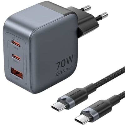 Зарядний пристрій 3xUSB 70W GaN (2хUSB-C+USB-A) + USB-C cable М-М Black Vention