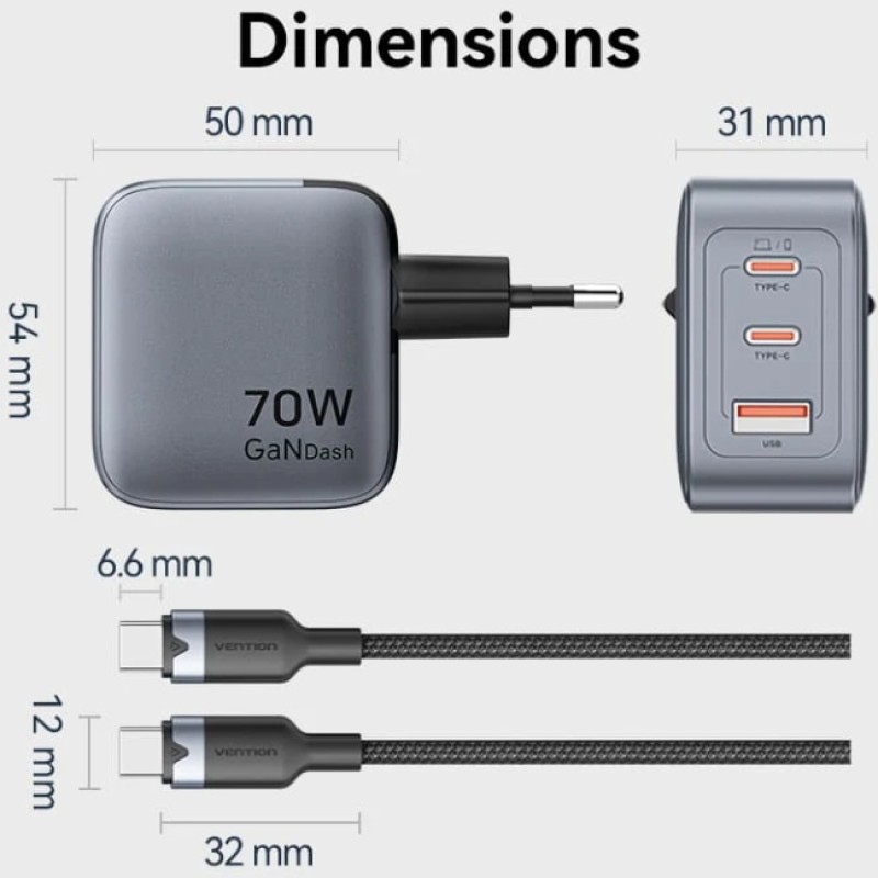 Зарядний пристрій 3xUSB 70W GaN (2хUSB-C+USB-A) + USB-C cable М-М Black Vention