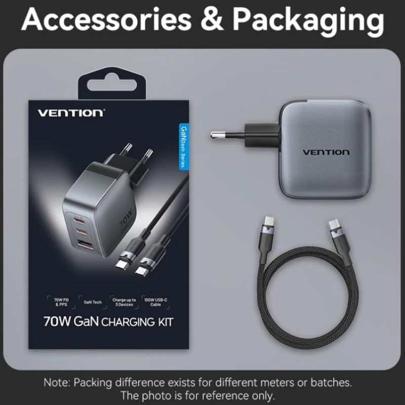 Зарядний пристрій 3xUSB 70W GaN (2хUSB-C+USB-A) + USB-C cable М-М Black Vention