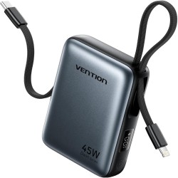 УМБ Vention 10000mAh 45W PD, QC3.0 USB-C In/Out, with Built-in USB-C and Lightning Cables Gray
