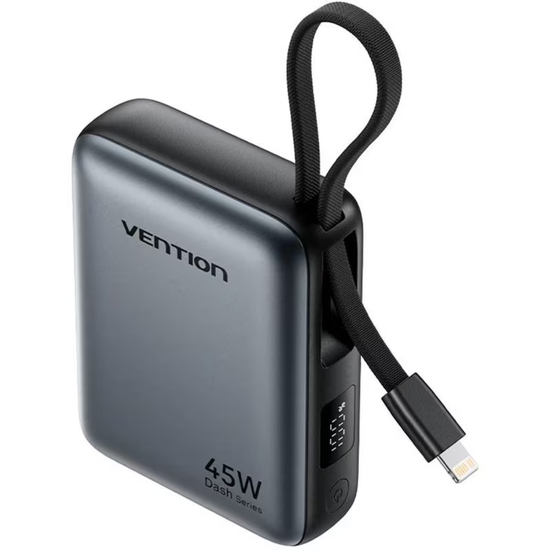 УМБ Vention 10000mAh 45W PD, QC3.0 USB-C In/Out, with Built-in USB-C and Lightning Cables Gray