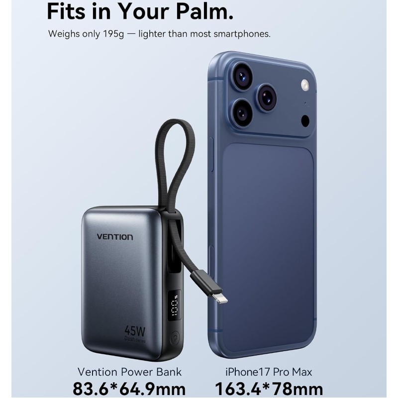 УМБ Vention 10000mAh 45W PD, QC3.0 USB-C In/Out, with Built-in USB-C and Lightning Cables Gray