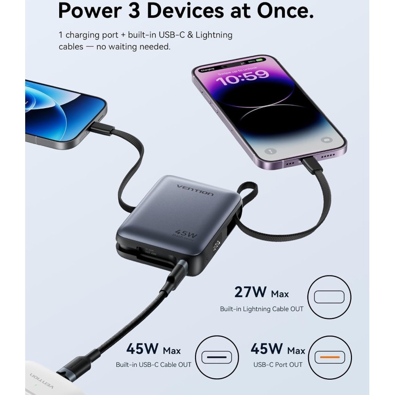 УМБ Vention 10000mAh 45W PD, QC3.0 USB-C In/Out, with Built-in USB-C and Lightning Cables Gray