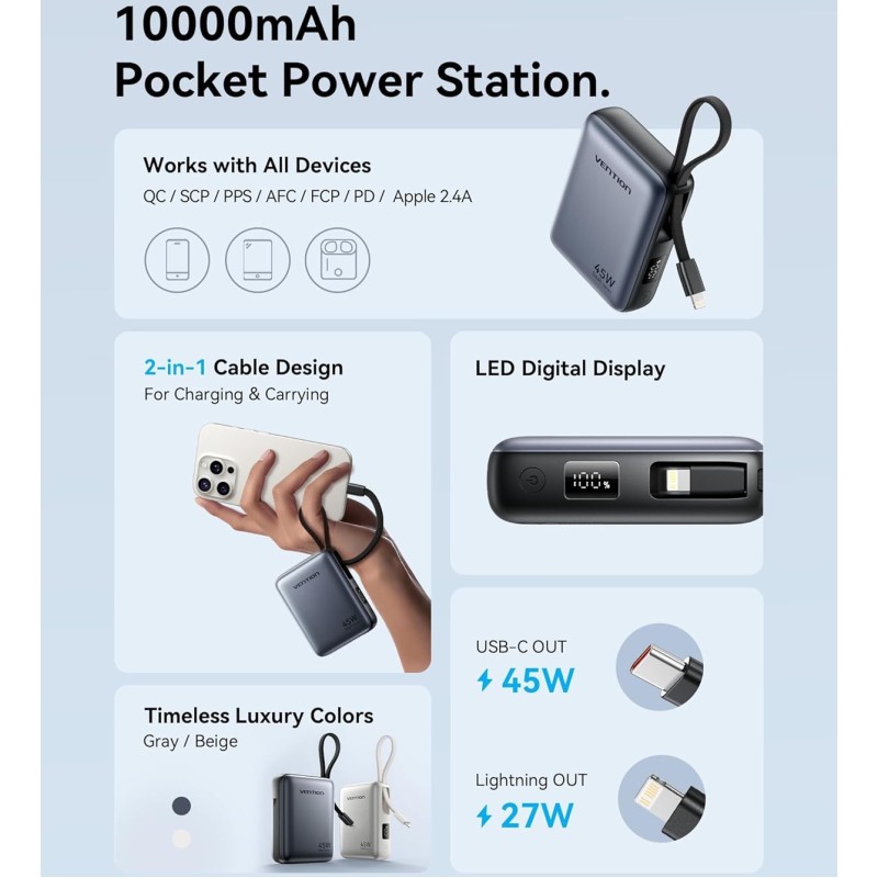 УМБ Vention 10000mAh 45W PD, QC3.0 USB-C In/Out, with Built-in USB-C and Lightning Cables Gray