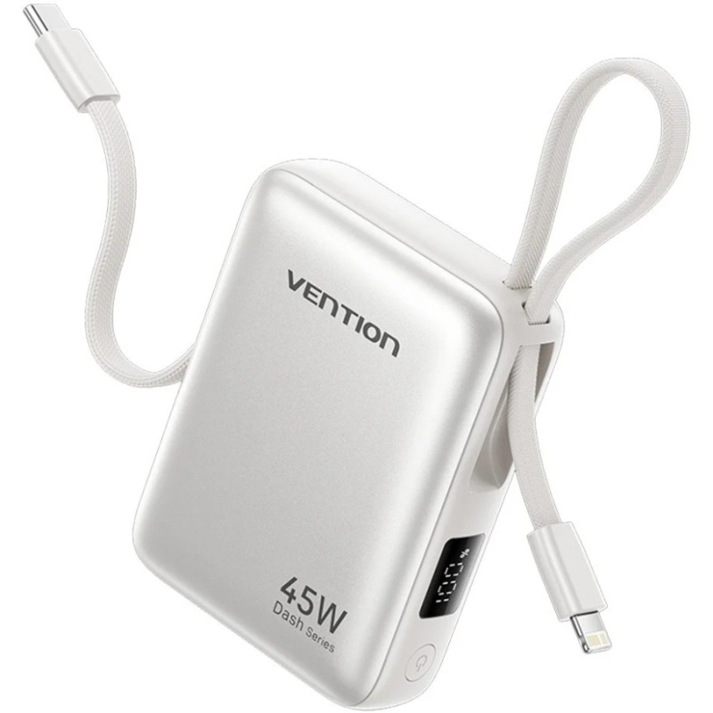 УМБ Vention 10000mAh 45W PD, QC3.0 USB-C In/Out, with Built-in USB-C and Lightning Cables Beige