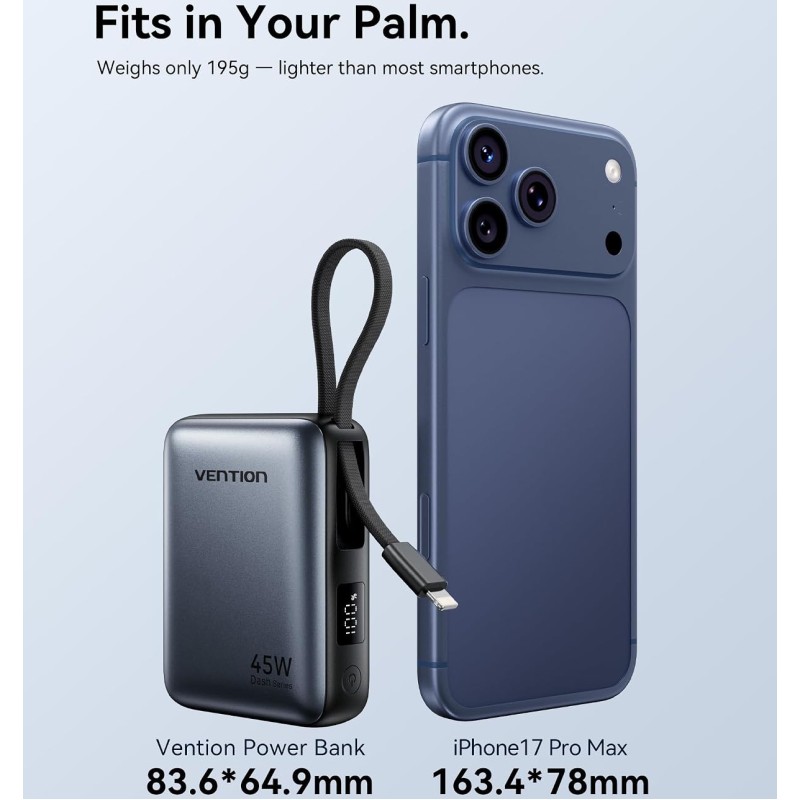 УМБ Vention 10000mAh 45W PD, QC3.0 USB-C In/Out, with Built-in USB-C and Lightning Cables Beige