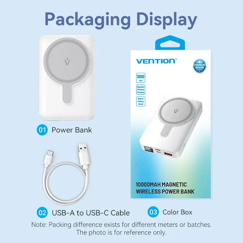 УМБ Vention Magnetic Wireless 10000mAh 22.5W PD,QC 3.0,USB-C,Lightning,USB-A,LED Display White