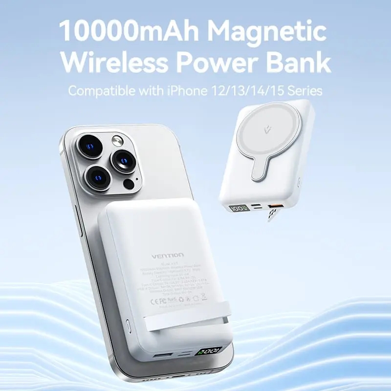 УМБ Vention Magnetic Wireless 10000mAh 22.5W PD,QC 3.0,USB-C,Lightning,USB-A,LED Display White