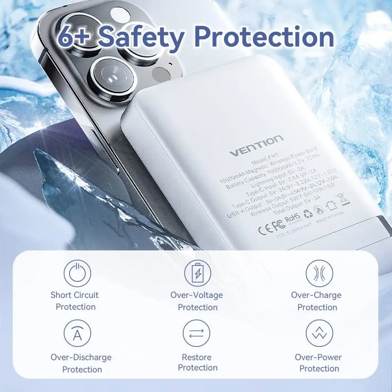 УМБ Vention Magnetic Wireless 10000mAh 22.5W PD,QC 3.0,USB-C,Lightning,USB-A,LED Display White