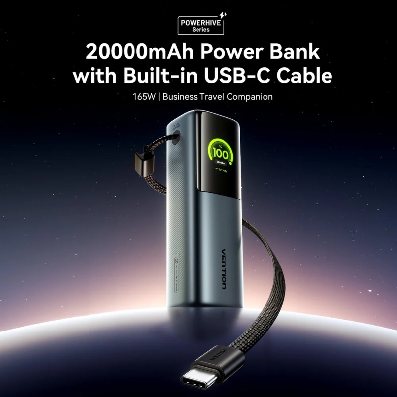 УМБ Vention 20000mAh 165W PD3.1, USB-A, USB-C In/Out, with Built-in USB-C cable, TFT Display, Gray