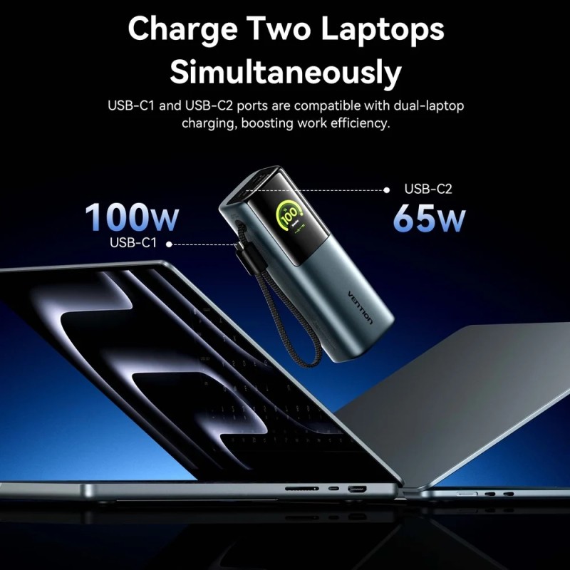 УМБ Vention 20000mAh 165W PD3.1, USB-A, USB-C In/Out, with Built-in USB-C cable, TFT Display, Silver УМБ Vention 20000mAh 165W PD3.1, USB-A, USB-C In/Out, with Built-in USB-C cable, TFT Display, Silver