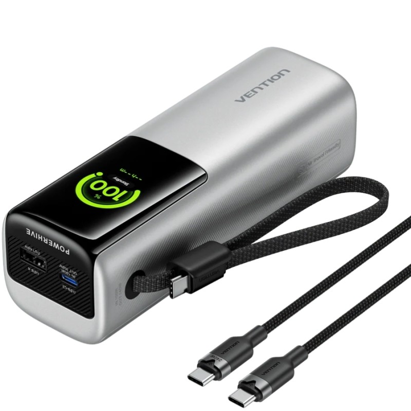 УМБ Vention 27000mAh 200W PD3.1, USB-A, USB-C In/Out, with Built-in USB-C Cable, TFT Display, Silver