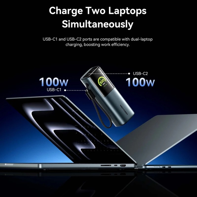 УМБ Vention 27000mAh 200W PD3.1, USB-A, USB-C In/Out, with Built-in USB-C Cable, TFT Display, Silver