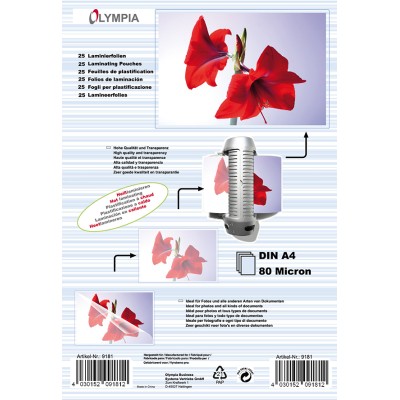 Плівка для ламінування Olympia Laminating Pouches, A4, 80 Mic, 220 x 19 x 307 mm, 100 pcs