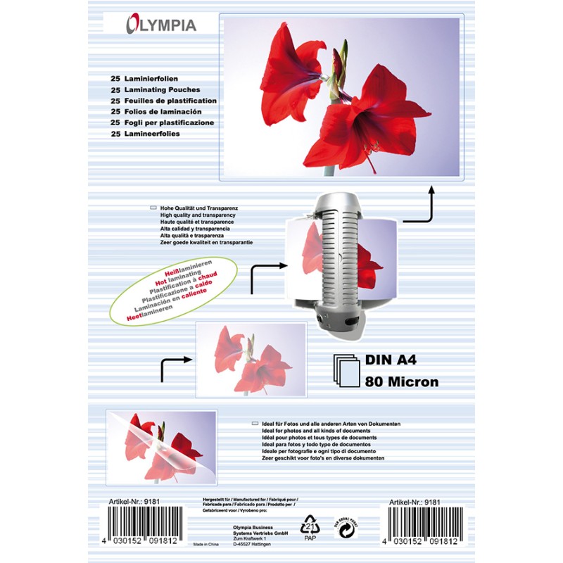 Плівка для ламінування Olympia Laminating Pouches, A4, 80 Mic, 220 x 19 x 307 mm, 100 pcs