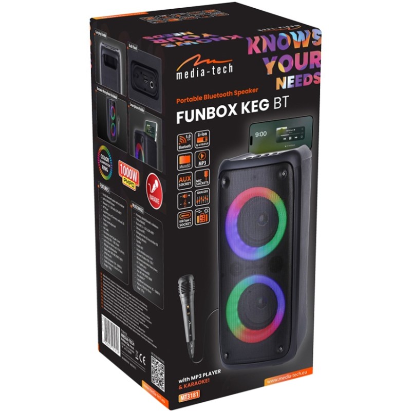 Акустична система 1.0 Media-Tech 40W, Bluetooth/AUX/microSD/MP3/USB/TWS/КАРАОКЕ/LED чорна