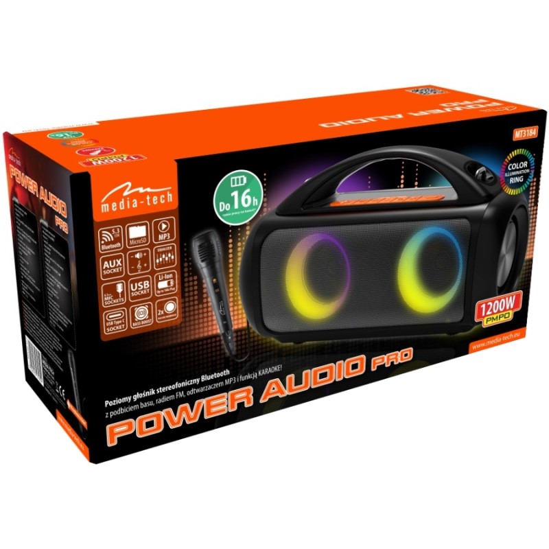 Акустична система 1.0 Media-Tech 60W, Bluetooth/AUX/microSD/MP3/USB/TWS/КАРАОКЕ/RGB,чорна