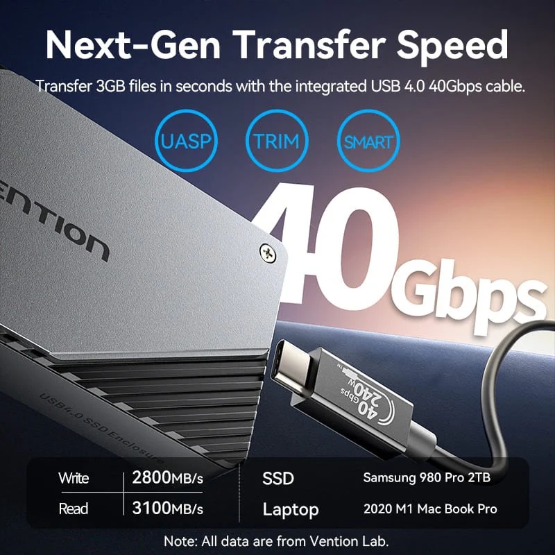Зовнішня кишеня для SSD (корпус для накопичувача) Vention USB Type-C 4.0, сіра Зовнішня кишеня для SSD (корпус для накопичувача) Vention USB Type-C 4.0, сіра