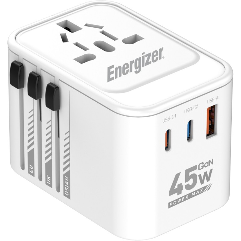 Зарядное устройство (сетевой адаптер) Energizer 45 Вт GaN, 3 USB, универсальные вилки