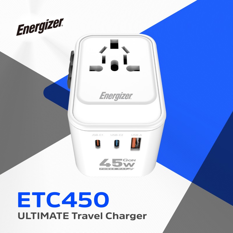 Зарядное устройство (сетевой адаптер) Energizer 45 Вт GaN, 3 USB, универсальные вилки