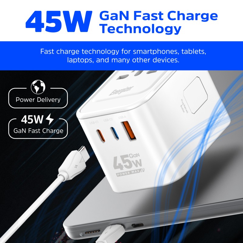 Зарядное устройство (сетевой адаптер) Energizer 45 Вт GaN, 3 USB, универсальные вилки