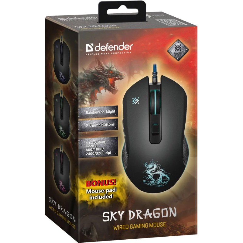 Ігрова мишка (комп’ютерна миша) Defender Sky Dragon GM-090L 3200 dpi з килимком