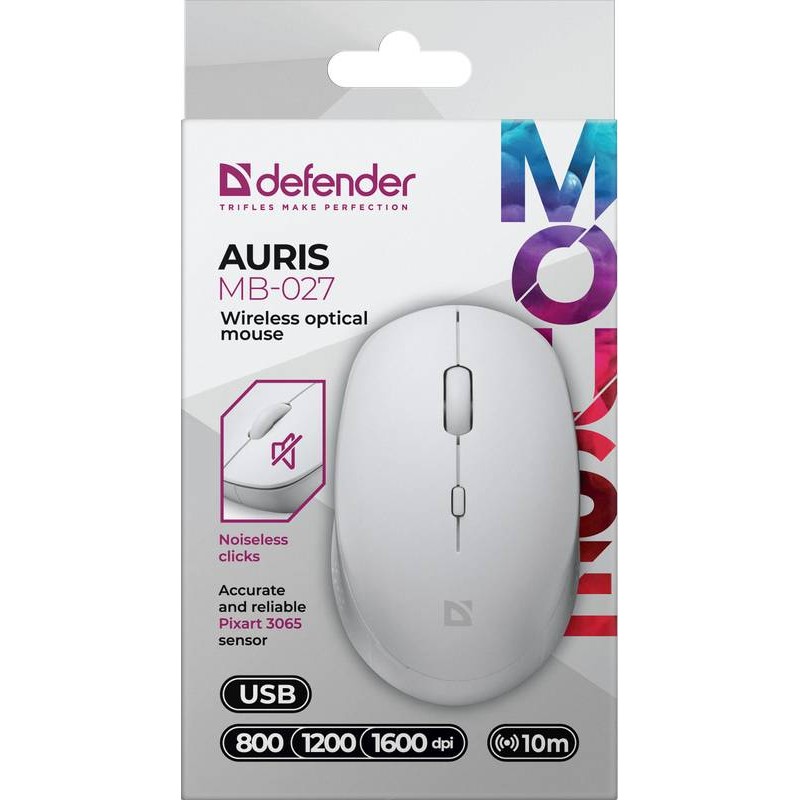 Мишка (комп’ютерна миша) Defender Auris MB-027 бездротова, біла, до 1600 dpi