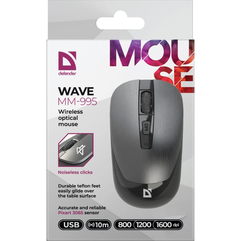 Комп’ютерна миша (бездротова мишка) Defender Wave MM-995, 1600 dpi, сіро-чорна