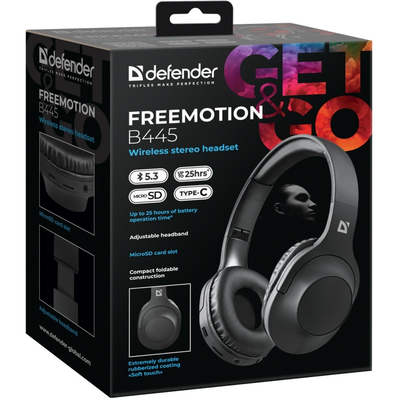 Гарнітура (навушники з мікрофоном) Defender FreeMotion B445 чорна, Bluetooth