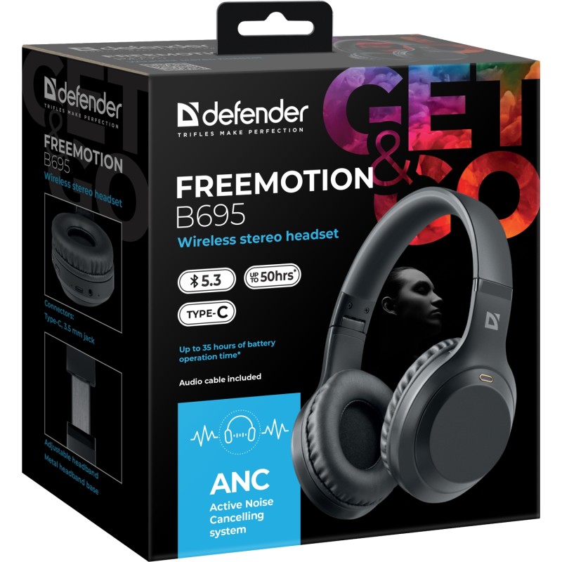 Гарнитура (наушники с микрофоном) Defender FreeMotion B695 Bluetooth, 3,5 мм, ANC, черная Гарнитура (наушники с микрофоном) Defender FreeMotion B695 Bluetooth, 3,5 мм, ANC, черная
