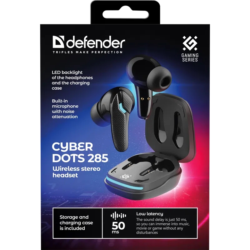 Ігрова гарнітура (TWS-навушники) Defender CyberDots 285 Bluetooth чорна Ігрова гарнітура (TWS-навушники) Defender CyberDots 285 Bluetooth чорна