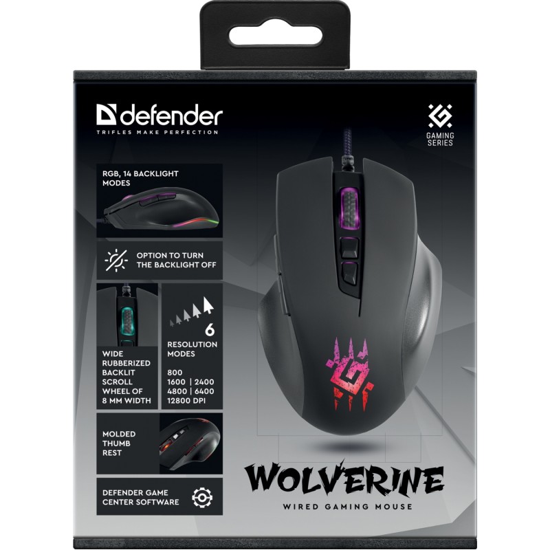 Ігрова мишка (комп’ютерна миша) Defender Wolverine GM-700L RGB, 7 кнопок, 12800 dpi, чорна