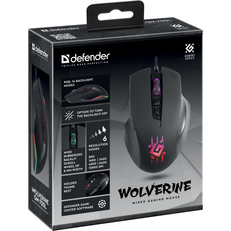 Ігрова мишка (комп’ютерна миша) Defender Wolverine GM-700L RGB, 7 кнопок, 12800 dpi, чорна