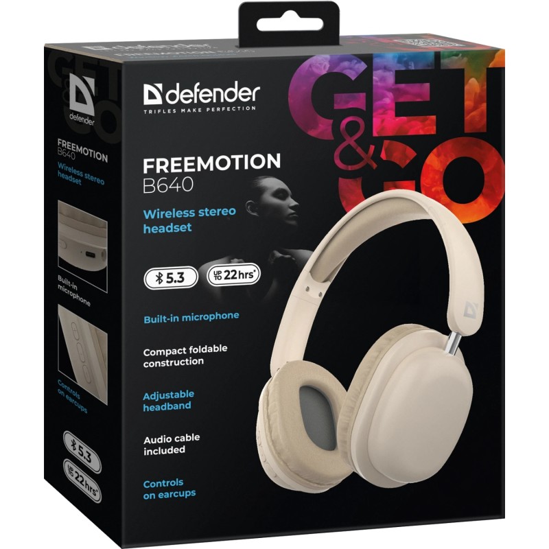Наушники (гарнитура) Defender FreeMotion B640 Bluetooth + 3,5 мм, бежевые