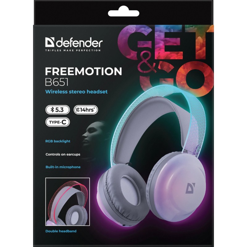 Bluetooth-гарнітура (навушники з мікрофоном) Defender FreeMotion B651 RGB, біла