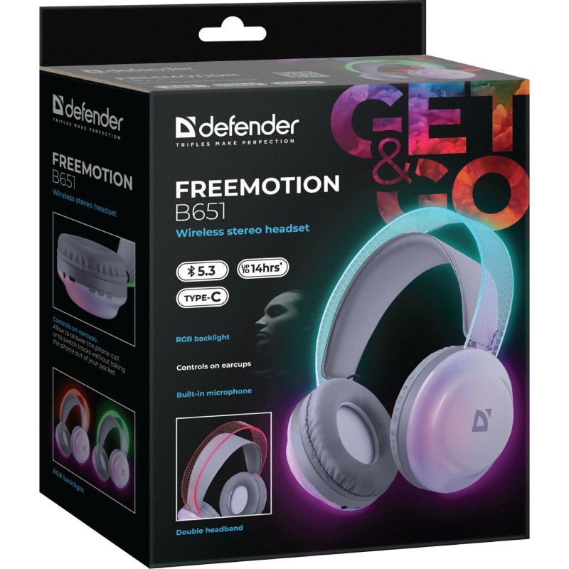 Bluetooth-гарнітура (навушники з мікрофоном) Defender FreeMotion B651 RGB, біла