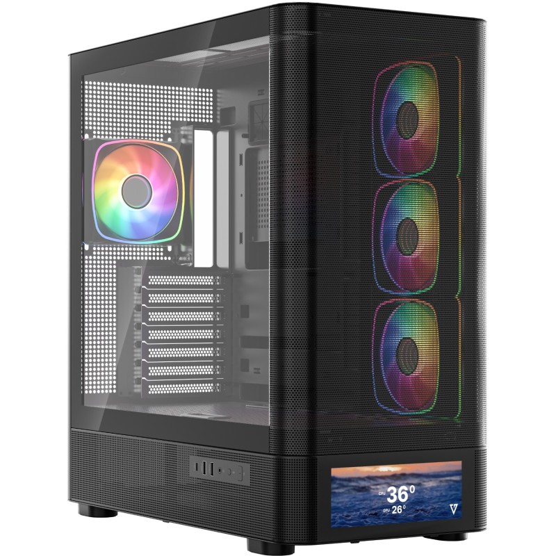 Корпус (компьютерный корпус) Modecom VOLCANO AQ500 ARGB MIDI FRONT LCD 6,2", чёрный, 4 вентилятора
