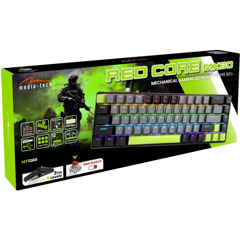 Клавиатура игровая механическая (механическая клавиатура) Media-Tech MT1260 RED CORE MX60 68 клавиш