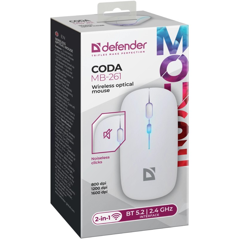 Бездротова мишка (комп’ютерна миша) Defender Coda MB-261 800/1200/1600 dpi, біла