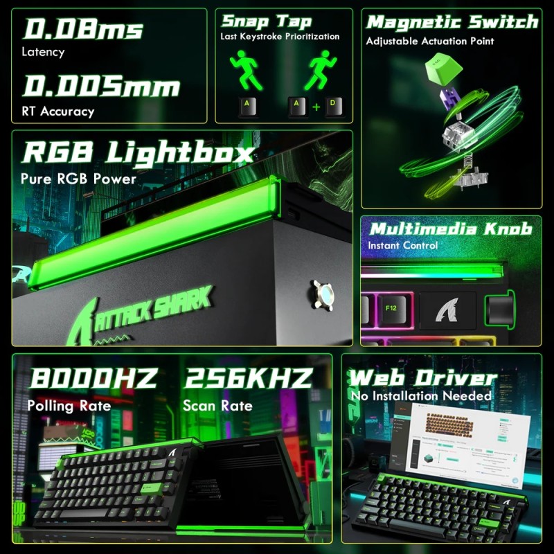 Клавіатура ігрова магнітна Attack Shark R85 HE 79кл. RGB, USB-C, Magnetic Switch Green Клавіатура ігрова магнітна Attack Shark R85 HE 79кл. RGB, USB-C, Magnetic Switch Green