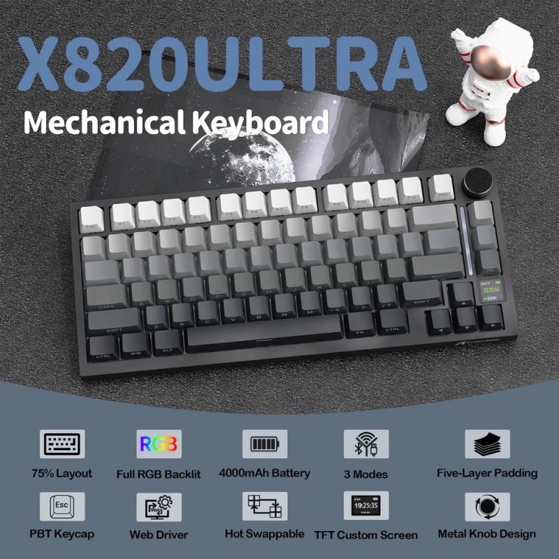 Клавіатура ігрова механічна Attack Shark X820 Ultra 81кл. RGB, Wireless, Shark Axis, Moonlight Клавіатура ігрова механічна Attack Shark X820 Ultra 81кл. RGB, Wireless, Shark Axis, Moonlight