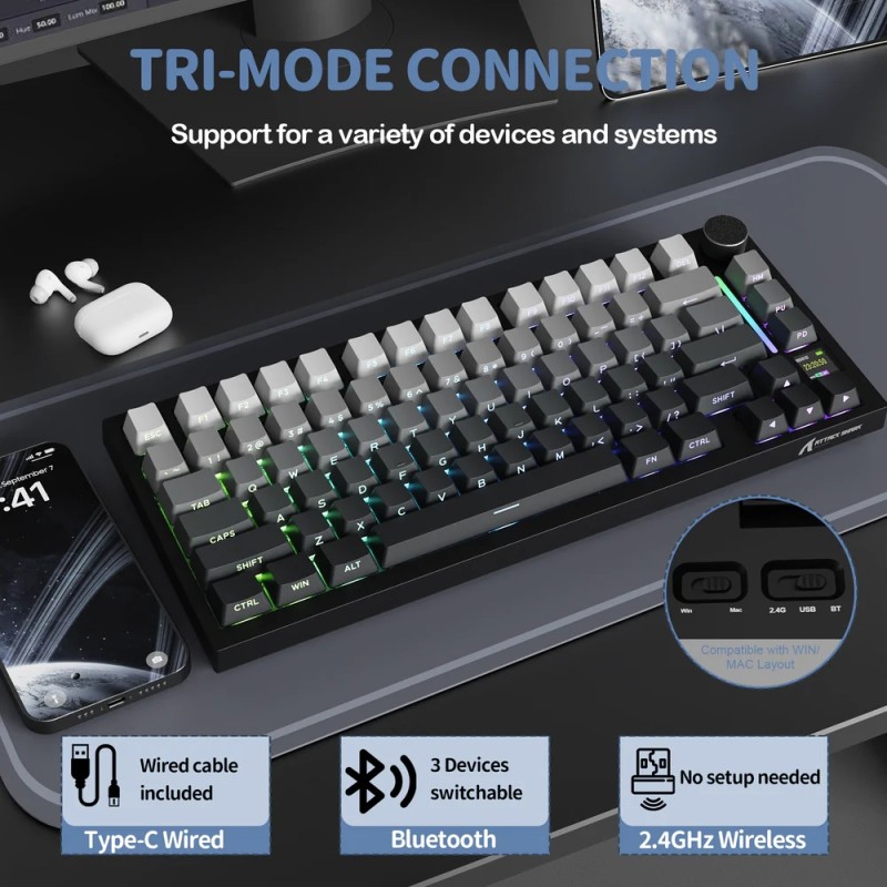 Клавіатура ігрова механічна Attack Shark X820 Ultra 81кл. RGB, Wireless, Shark Axis, Moonlight Клавіатура ігрова механічна Attack Shark X820 Ultra 81кл. RGB, Wireless, Shark Axis, Moonlight